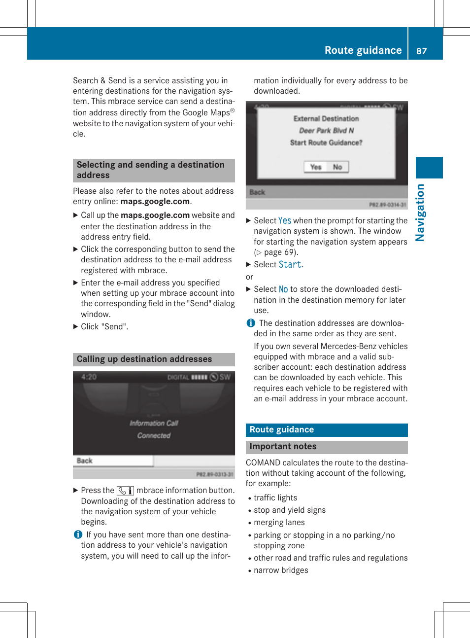 Navig atio n, Route guidance | Mercedes-Benz CLA-Class 2014 COMAND Manual User Manual | Page 89 / 270