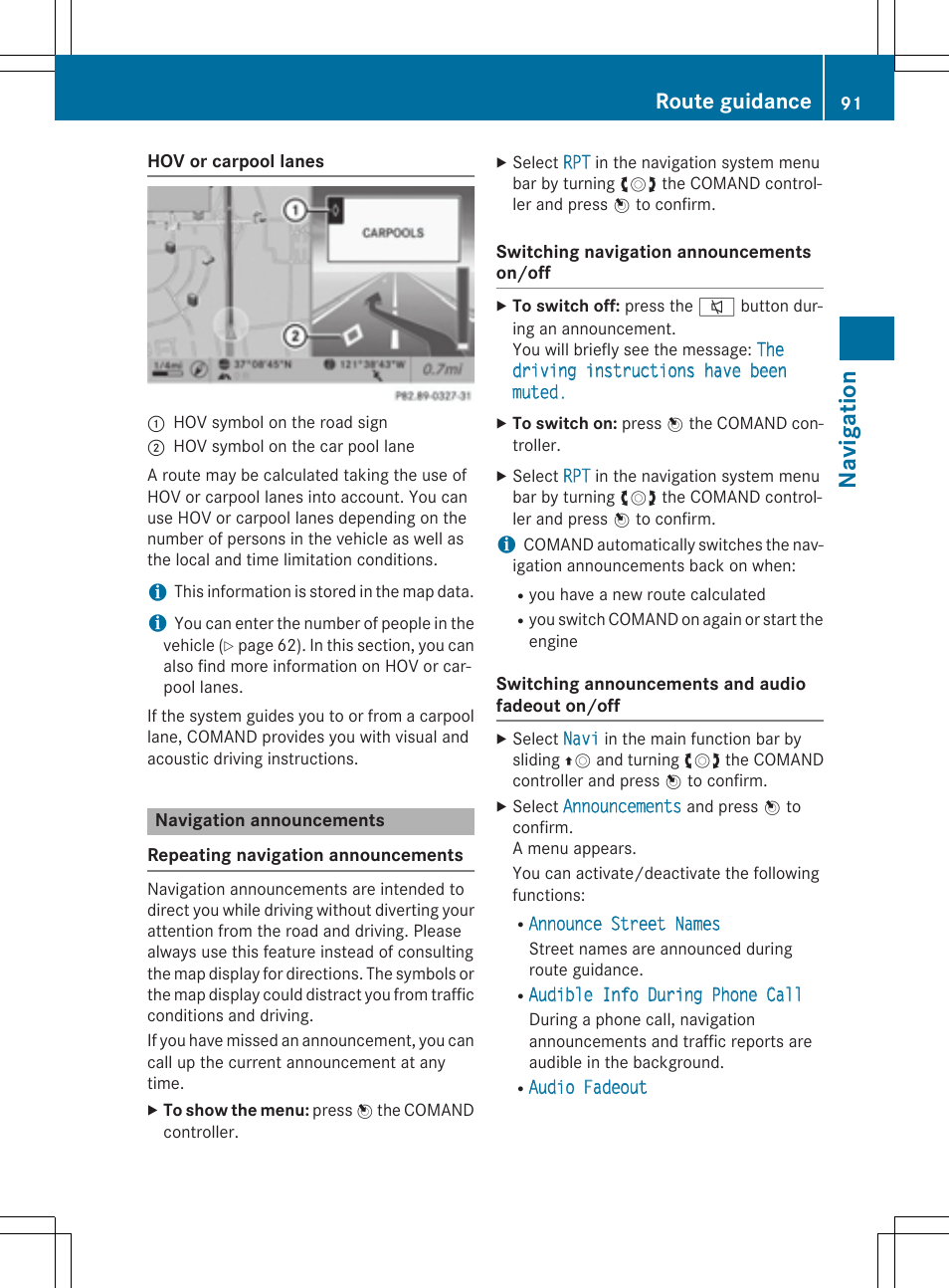 Navigatio n, Route guidance | Mercedes-Benz CLA-Class 2014 COMAND Manual User Manual | Page 93 / 270