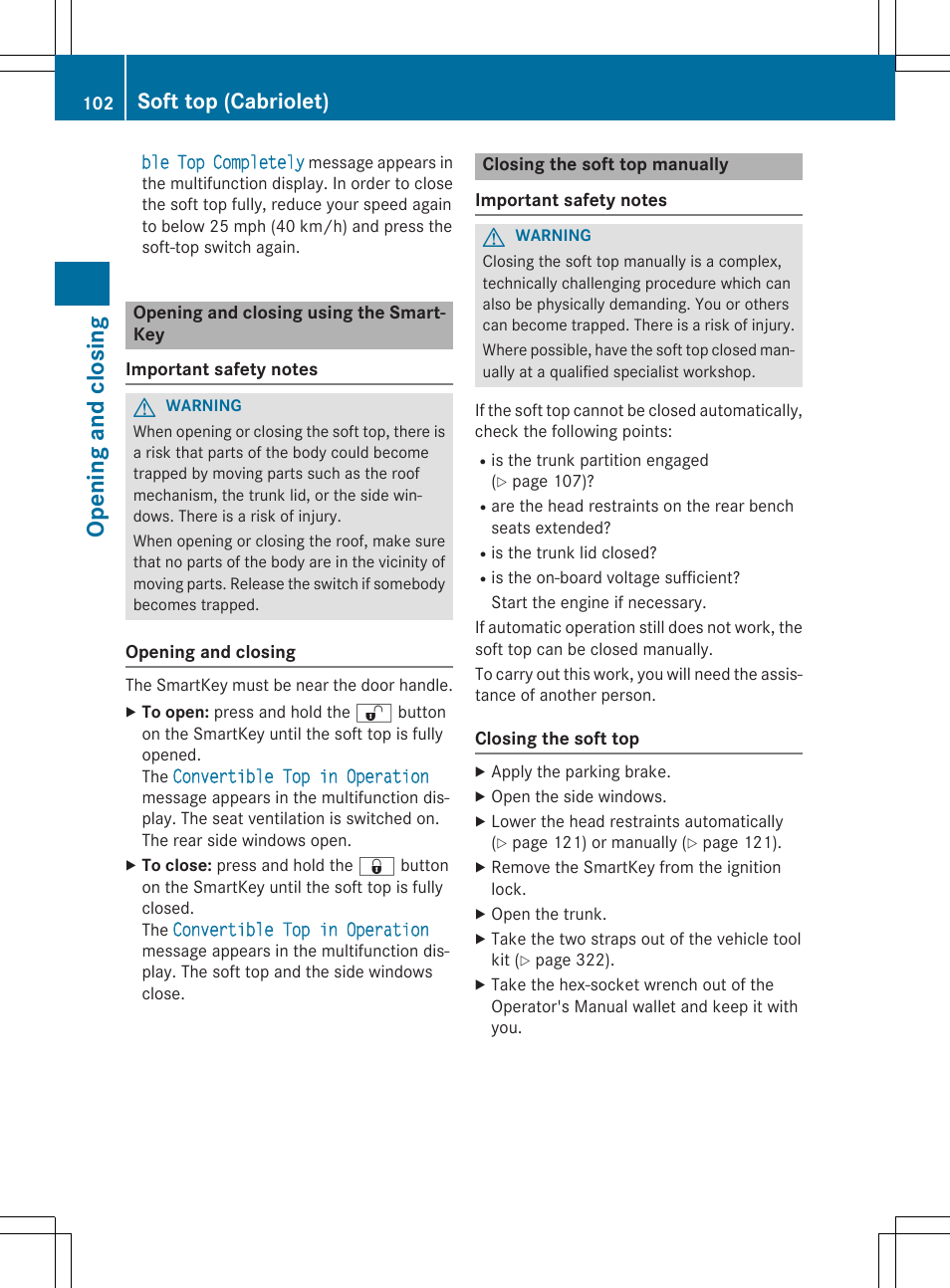 Opening and closing, Soft top (cabriolet) | Mercedes-Benz E-Cabriolet 2015 User Manual | Page 104 / 386