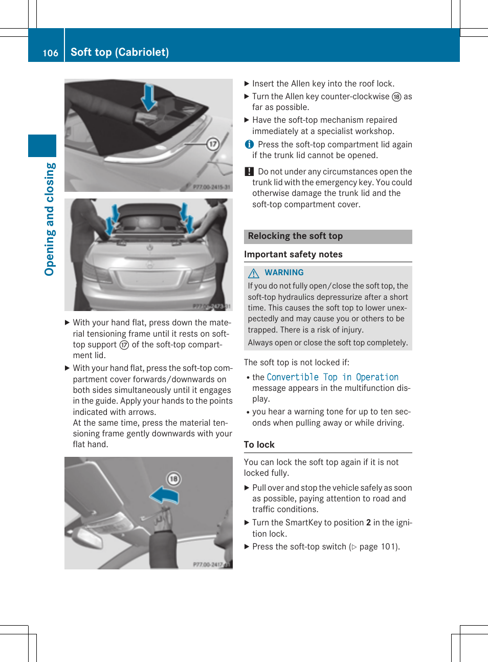 Opening and closi ng, Soft top (cabriolet) | Mercedes-Benz E-Cabriolet 2015 User Manual | Page 108 / 386