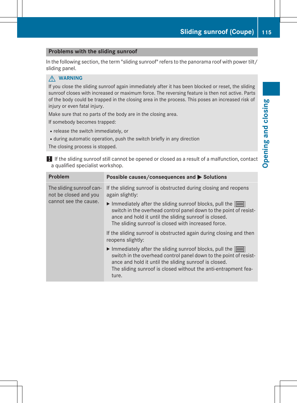 Opening and closing, Sliding sunroof (coupe) | Mercedes-Benz E-Cabriolet 2015 User Manual | Page 117 / 386