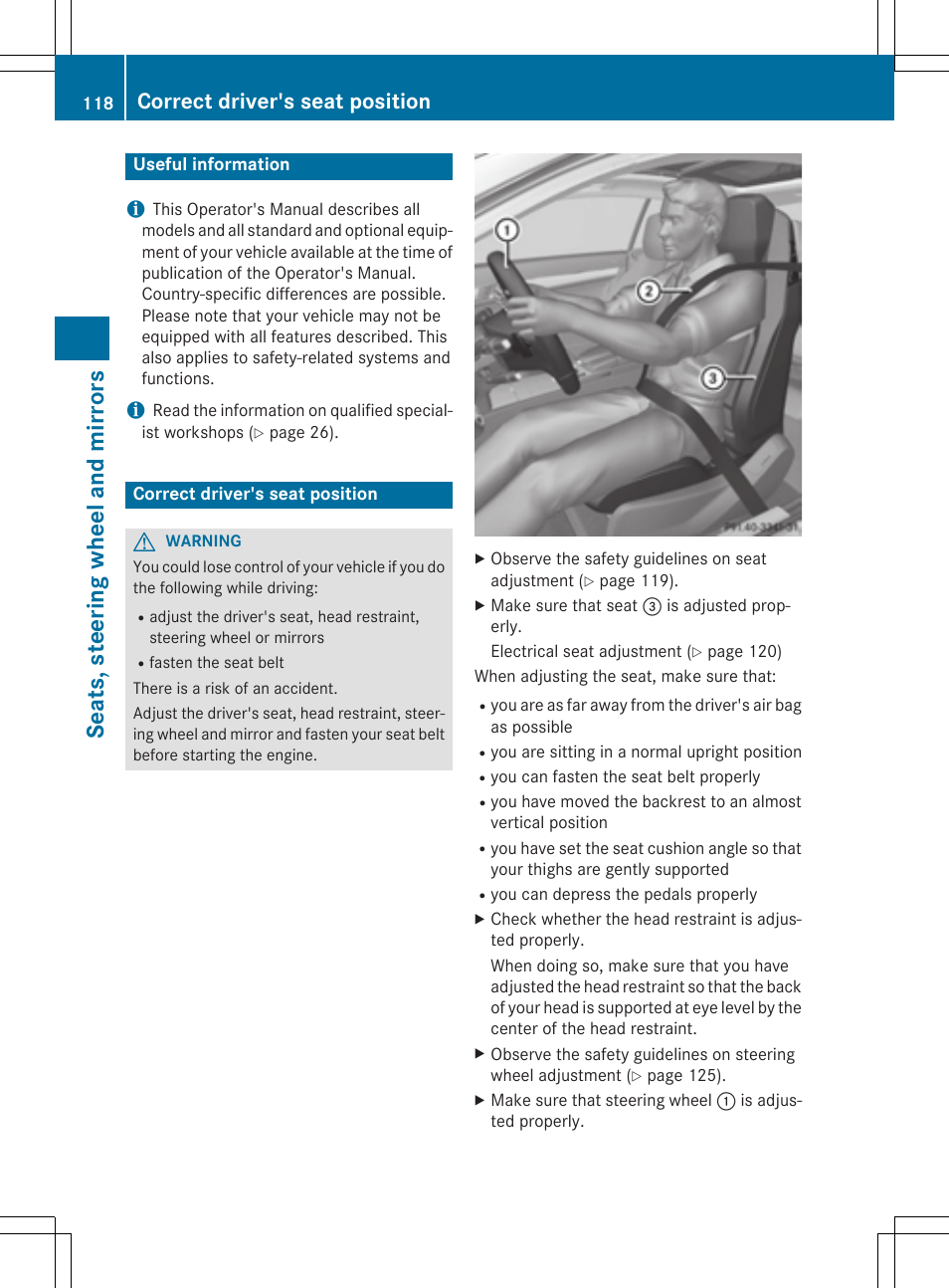 Seat s, steer ing wheel and mirrors, Correct driver's seat position | Mercedes-Benz E-Cabriolet 2015 User Manual | Page 120 / 386