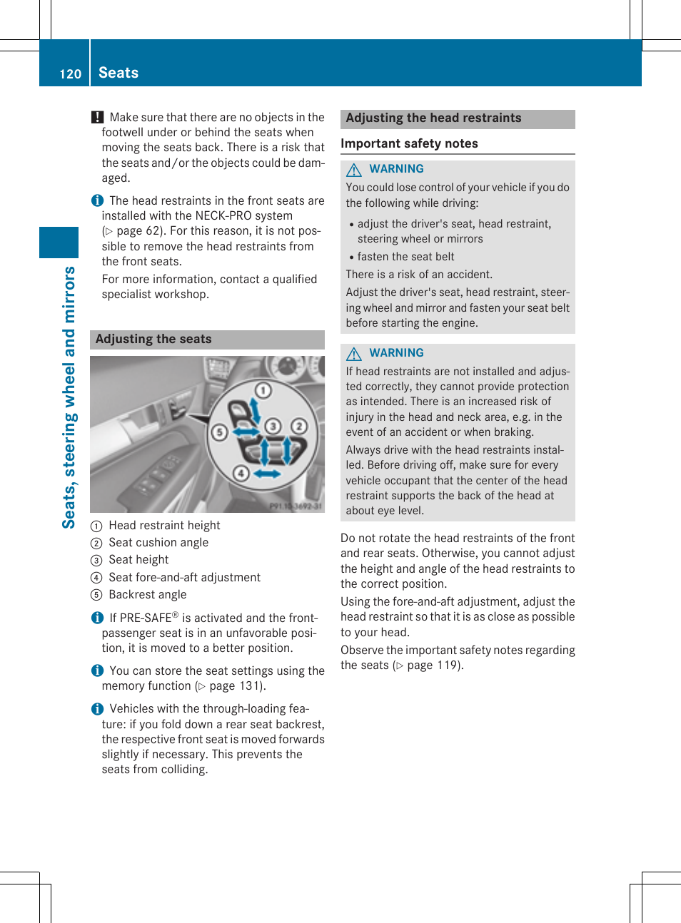 Seats, steering wheel and mirrors, Seats | Mercedes-Benz E-Cabriolet 2015 User Manual | Page 122 / 386