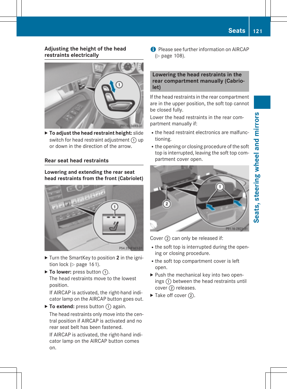 Sea ts ,ste er ing wheel and mirro rs, Seats | Mercedes-Benz E-Cabriolet 2015 User Manual | Page 123 / 386