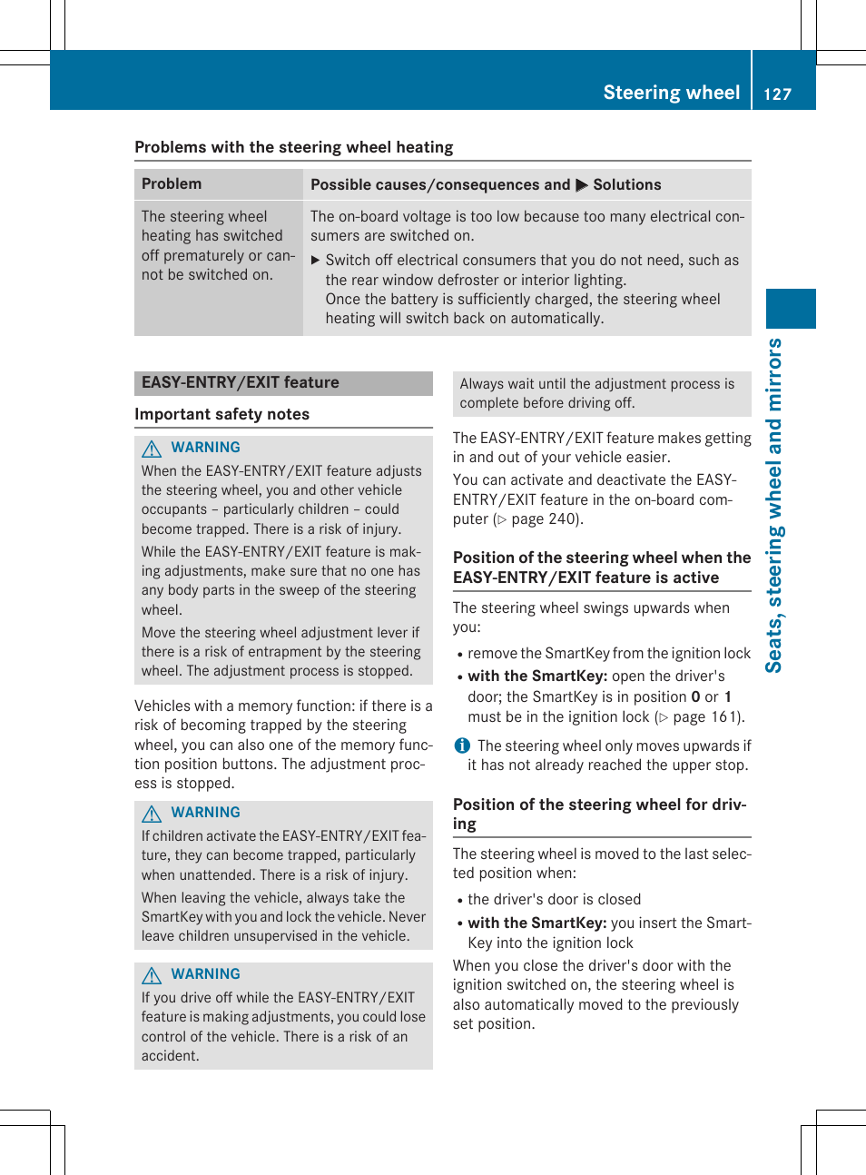 Seats, steering wheel and mirrors, Steering wheel | Mercedes-Benz E-Cabriolet 2015 User Manual | Page 129 / 386