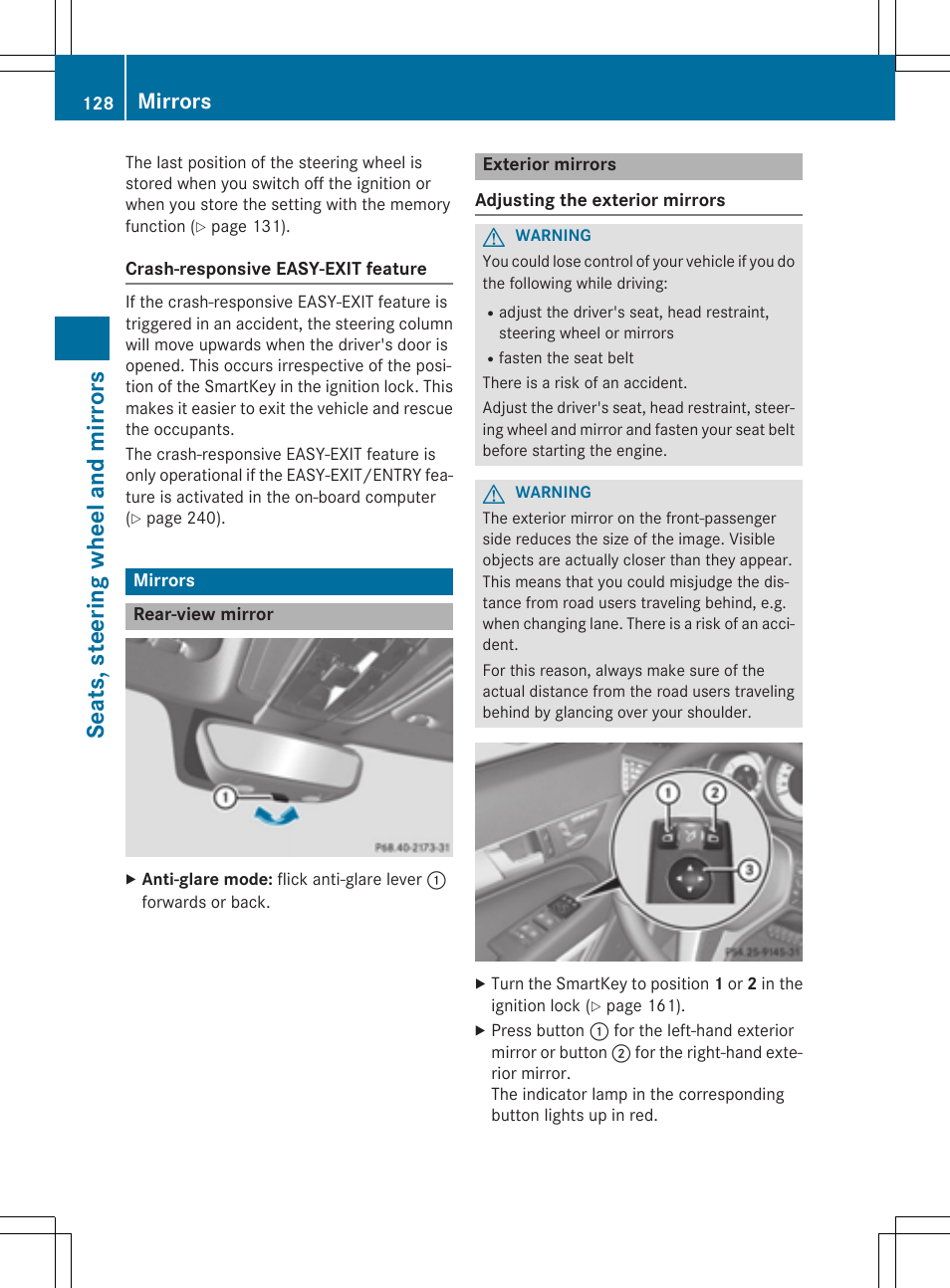 Seats, steering wheel and mirrors, Mirrors | Mercedes-Benz E-Cabriolet 2015 User Manual | Page 130 / 386