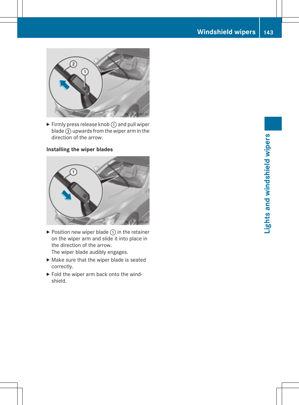 Lights and windshi eld wipers, Windshield wipers | Mercedes-Benz E-Cabriolet 2015 User Manual | Page 145 / 386