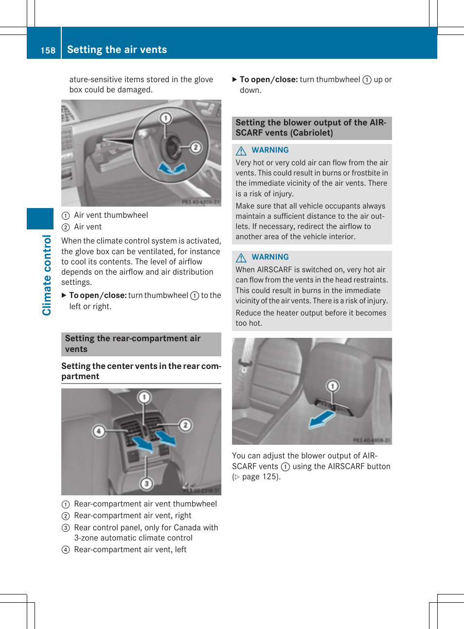 Clim at e contr ol, Setting the air vents | Mercedes-Benz E-Cabriolet 2015 User Manual | Page 160 / 386