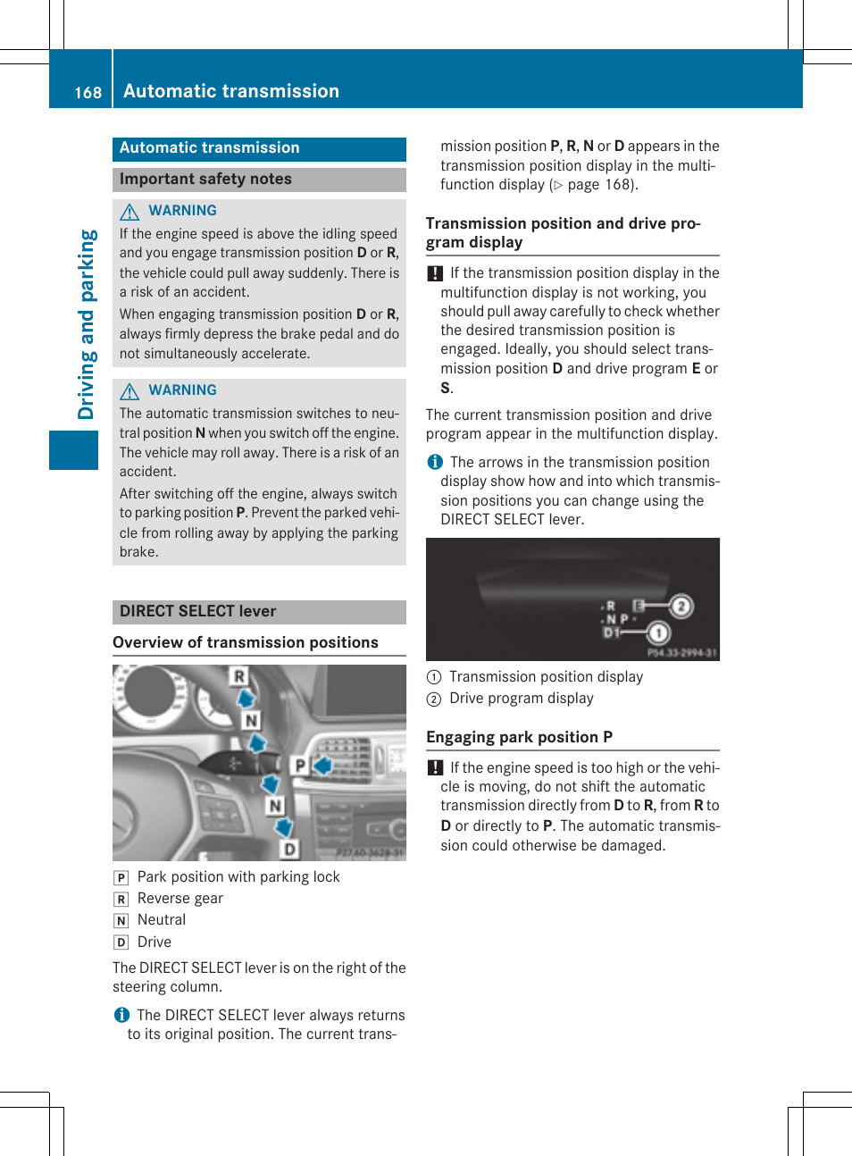 Dr ivi ng an d parki ng, Automatic transmission | Mercedes-Benz E-Cabriolet 2015 User Manual | Page 170 / 386