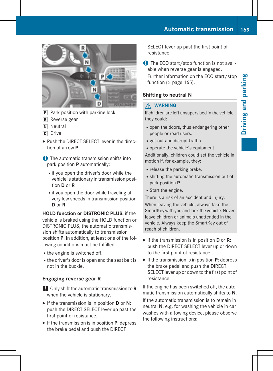 Driving and parking, Automatic transmission | Mercedes-Benz E-Cabriolet 2015 User Manual | Page 171 / 386