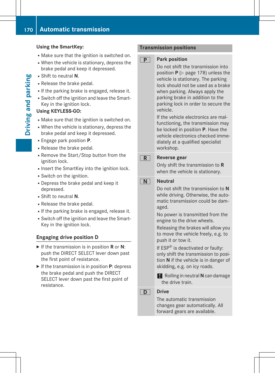 Driving and parking, Automatic transmission | Mercedes-Benz E-Cabriolet 2015 User Manual | Page 172 / 386