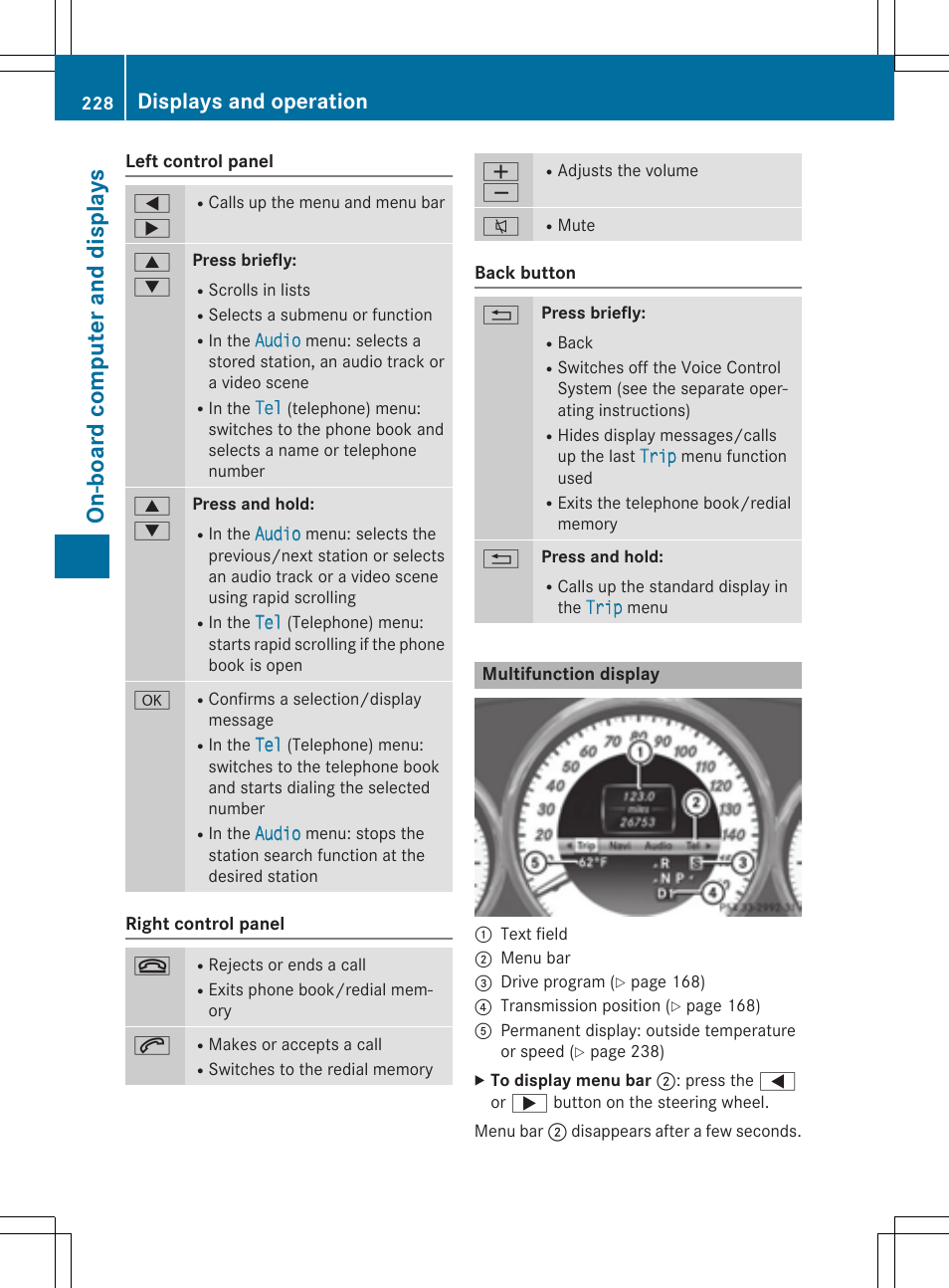 On-b oar d comp ut er and disp lay s, Displays and operation | Mercedes-Benz E-Cabriolet 2015 User Manual | Page 230 / 386