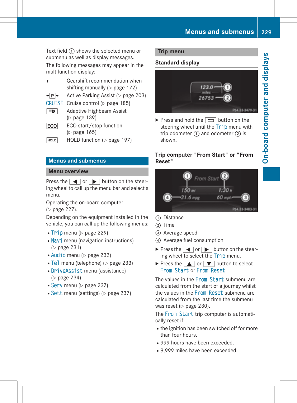 On-board computer and display s, Menus and submenus | Mercedes-Benz E-Cabriolet 2015 User Manual | Page 231 / 386