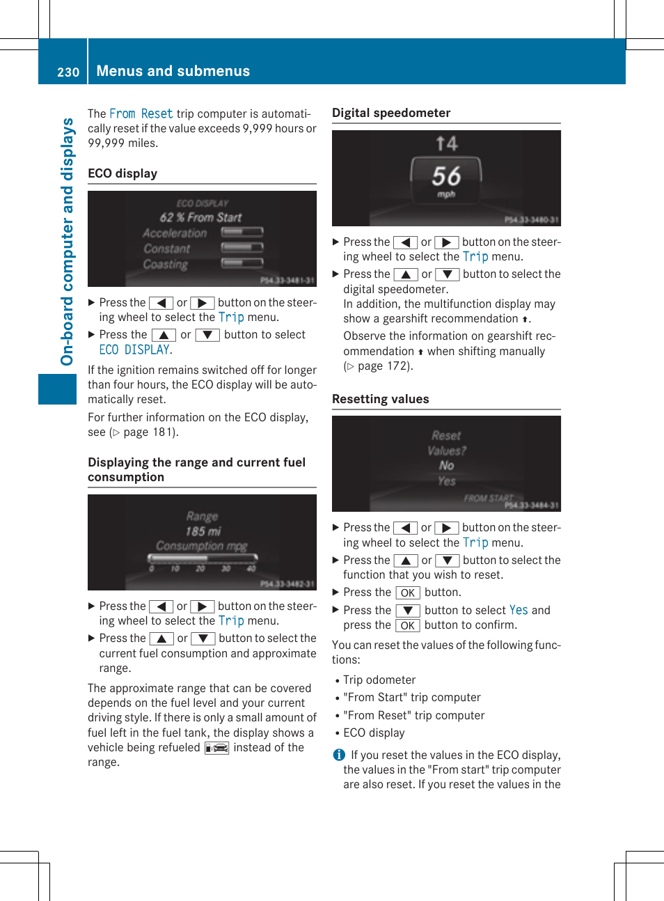 On-board computer and display s, Menus and submenus | Mercedes-Benz E-Cabriolet 2015 User Manual | Page 232 / 386