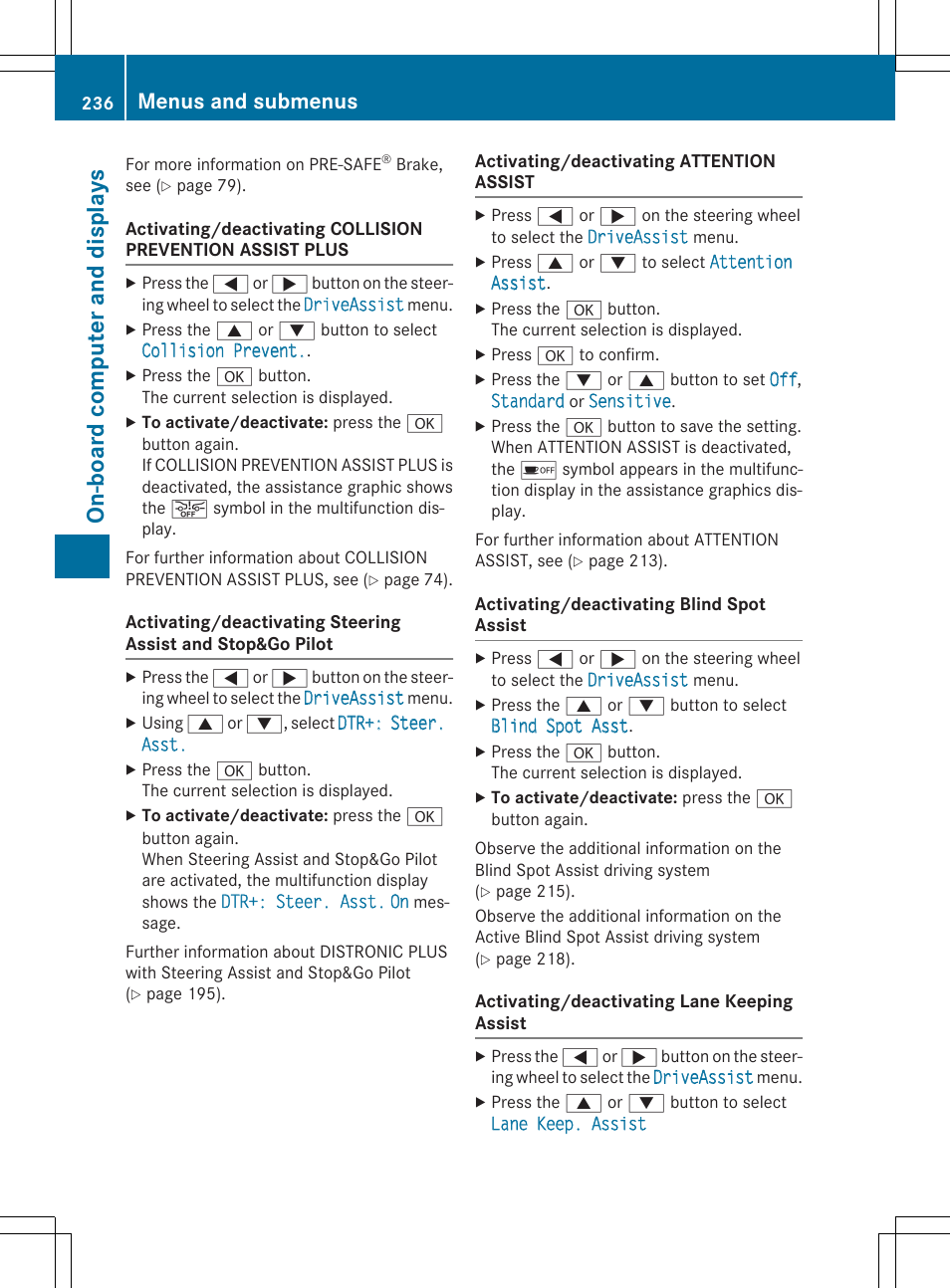 On-b oard computer and displ ays, Menus and submenus | Mercedes-Benz E-Cabriolet 2015 User Manual | Page 238 / 386