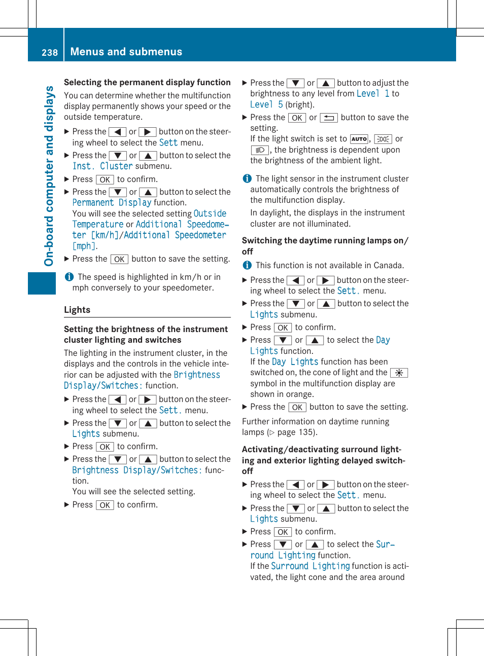 On-board computer and displays, Menus and submenus | Mercedes-Benz E-Cabriolet 2015 User Manual | Page 240 / 386