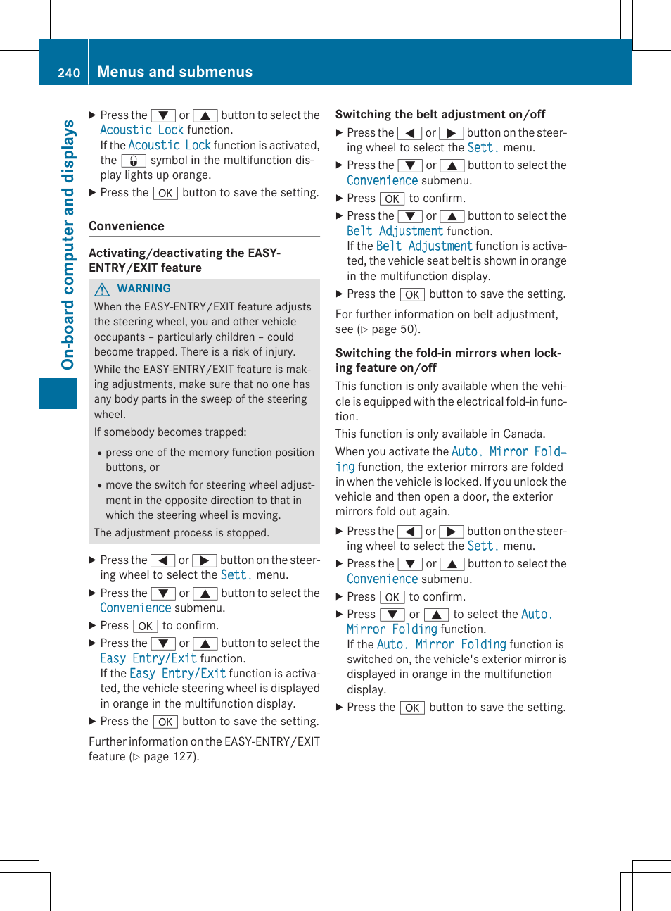 On-board comput er and display s, Menus and submenus | Mercedes-Benz E-Cabriolet 2015 User Manual | Page 242 / 386