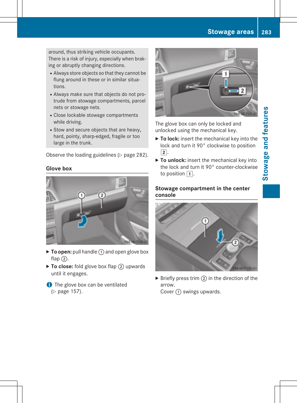 St owage and fea tu res, Stowage areas | Mercedes-Benz E-Cabriolet 2015 User Manual | Page 285 / 386