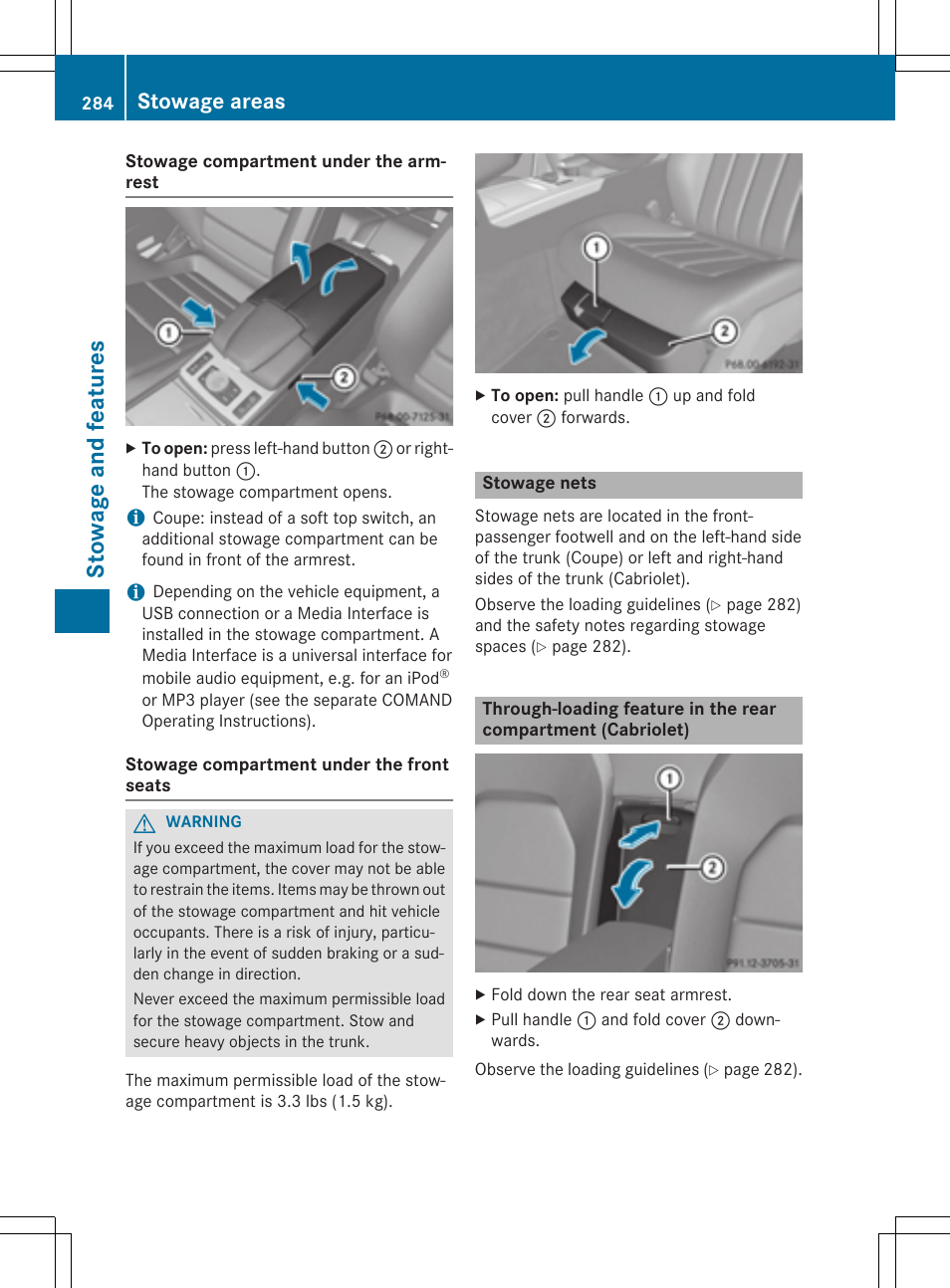 Stowage and features, Stowage areas | Mercedes-Benz E-Cabriolet 2015 User Manual | Page 286 / 386