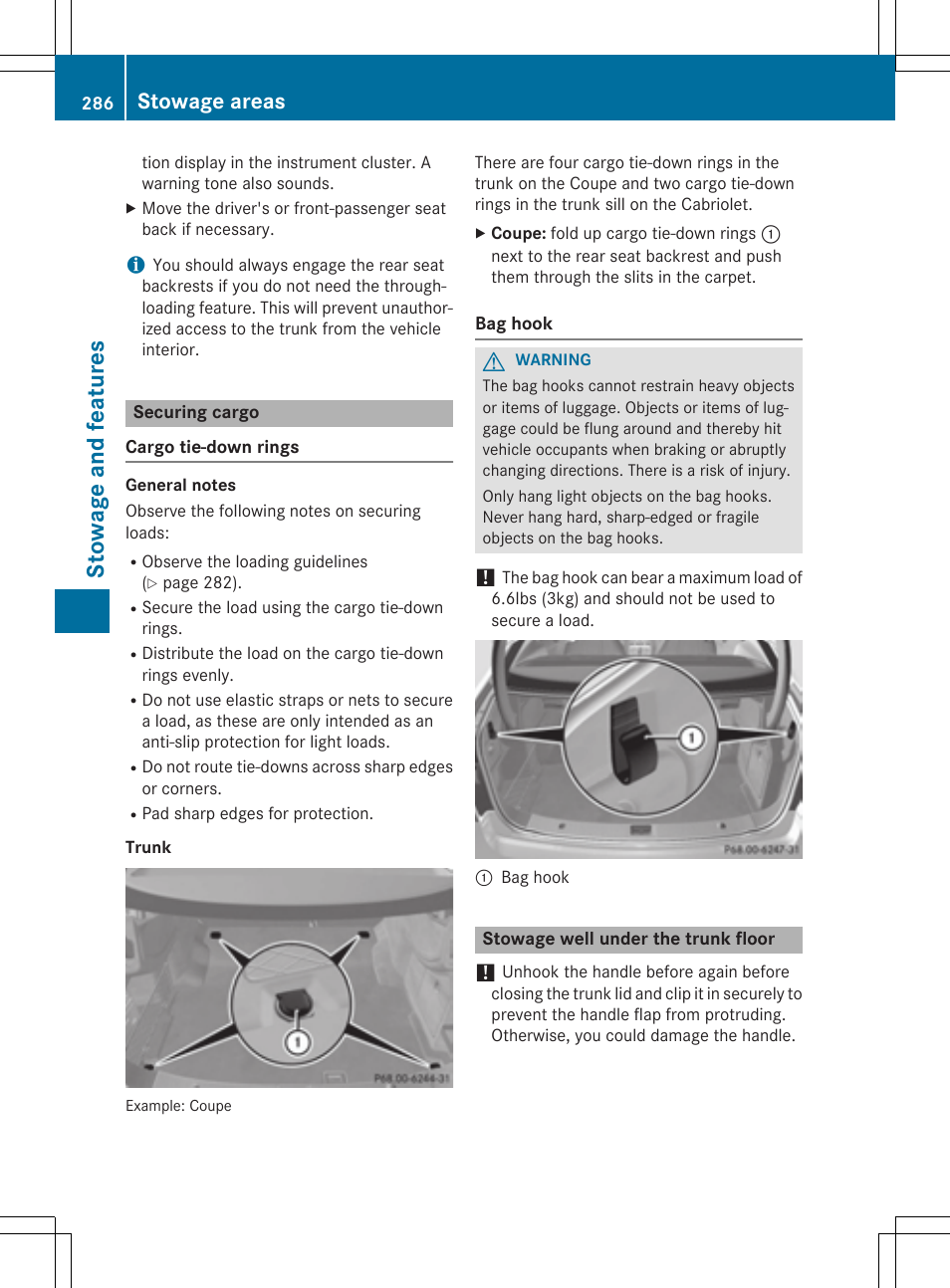 St owag e an d fe ature s, Stowage areas | Mercedes-Benz E-Cabriolet 2015 User Manual | Page 288 / 386