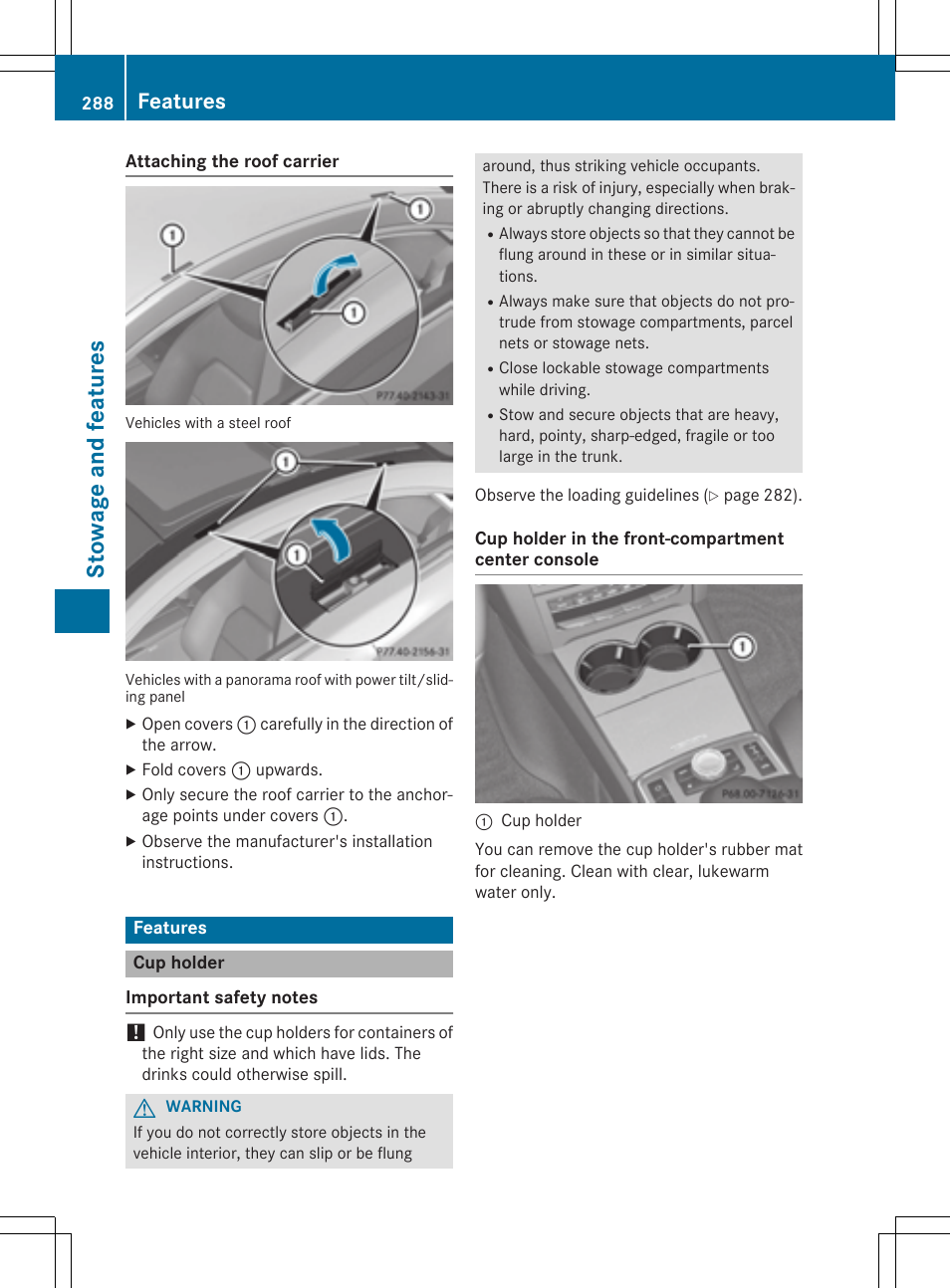 St owage and fea tu re s, Features | Mercedes-Benz E-Cabriolet 2015 User Manual | Page 290 / 386