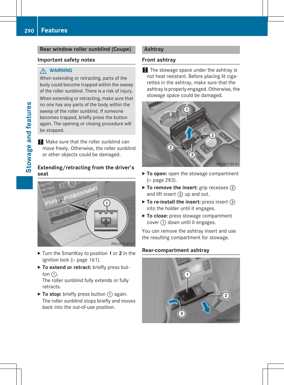 Stow age and fea tures, Features | Mercedes-Benz E-Cabriolet 2015 User Manual | Page 292 / 386