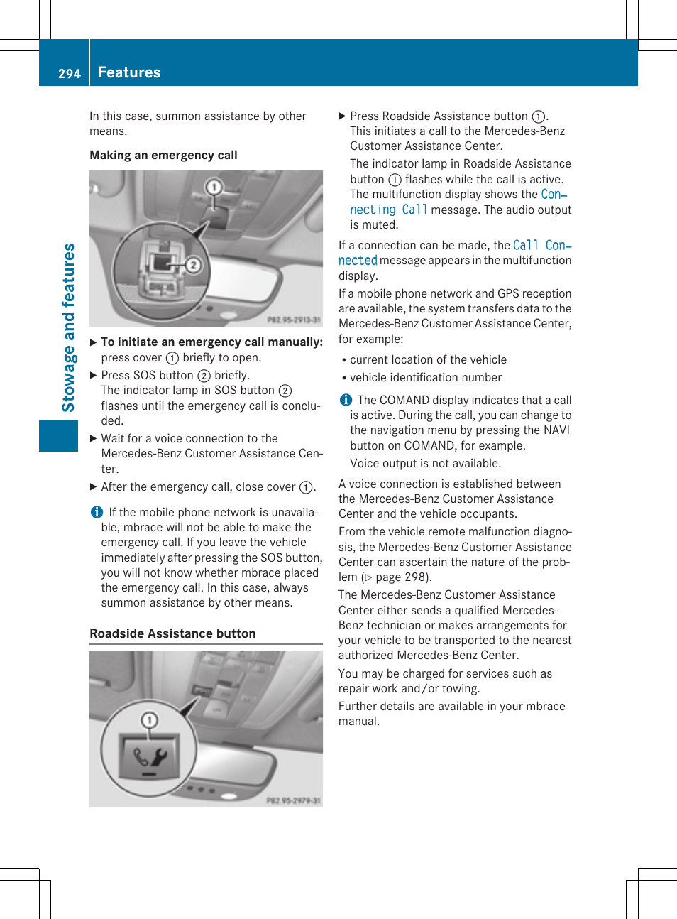 Stowage and features, Features | Mercedes-Benz E-Cabriolet 2015 User Manual | Page 296 / 386