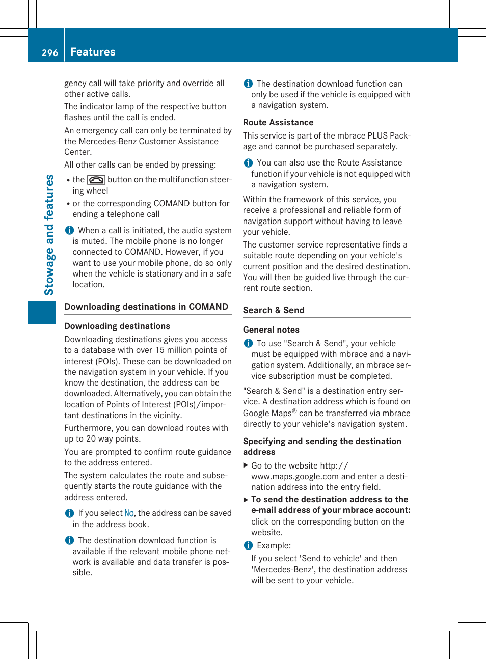 Stowage and features, Features | Mercedes-Benz E-Cabriolet 2015 User Manual | Page 298 / 386