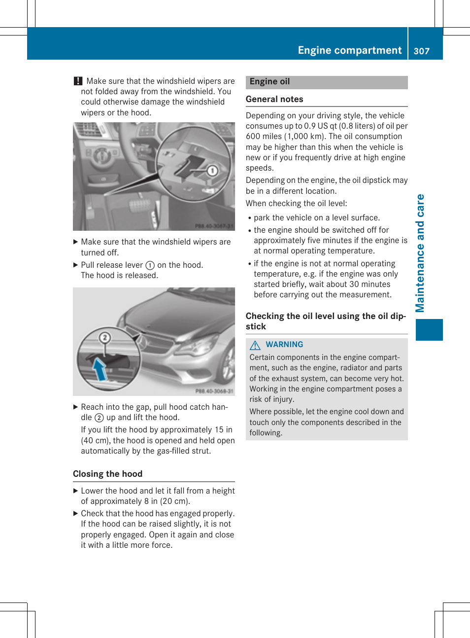 Maintenance and care, Engine compartment | Mercedes-Benz E-Cabriolet 2015 User Manual | Page 309 / 386