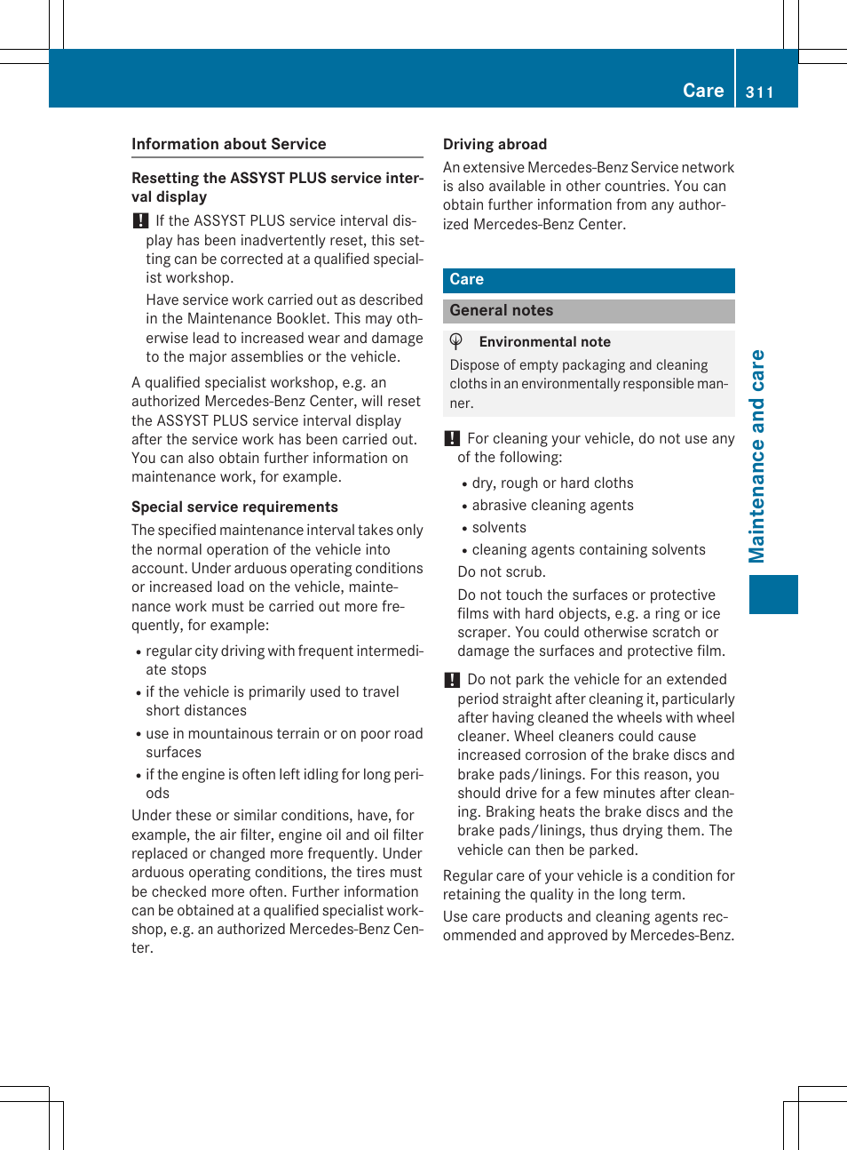 Ma int enan ce and car e, Care | Mercedes-Benz E-Cabriolet 2015 User Manual | Page 313 / 386