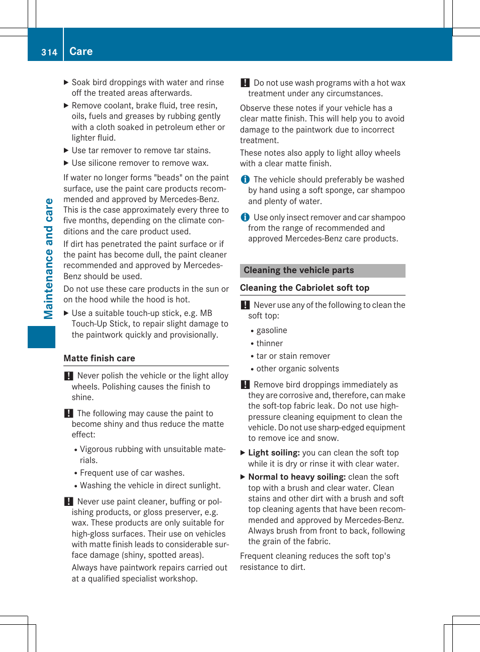 Main ten anc e and care, Care | Mercedes-Benz E-Cabriolet 2015 User Manual | Page 316 / 386