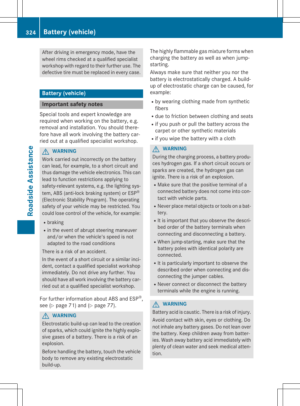 Roads ide as si stan ce, Battery (vehicle) | Mercedes-Benz E-Cabriolet 2015 User Manual | Page 326 / 386