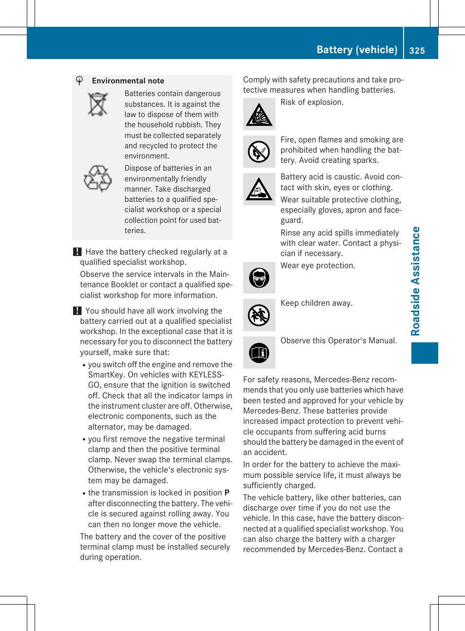 Roa dsid e assist ance, Battery (vehicle) | Mercedes-Benz E-Cabriolet 2015 User Manual | Page 327 / 386