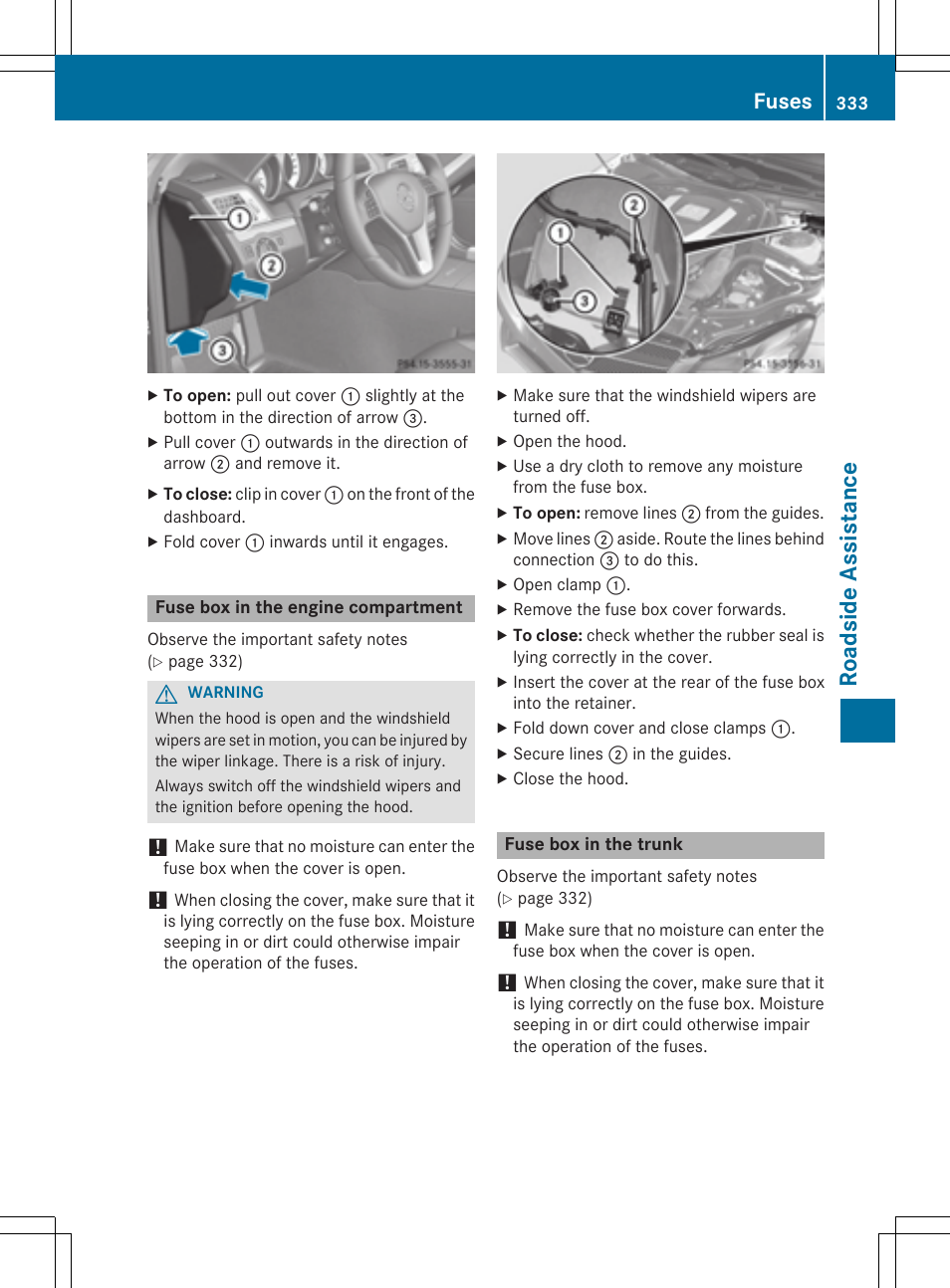 Roads ide as si stan ce, Fuses | Mercedes-Benz E-Cabriolet 2015 User Manual | Page 335 / 386