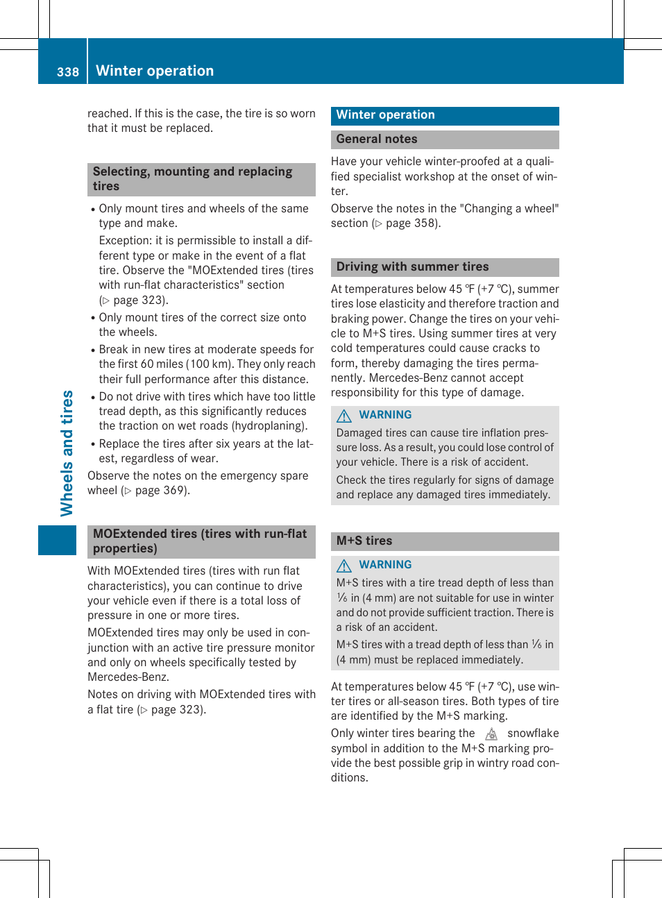 Whee ls and tires, Winter operation | Mercedes-Benz E-Cabriolet 2015 User Manual | Page 340 / 386