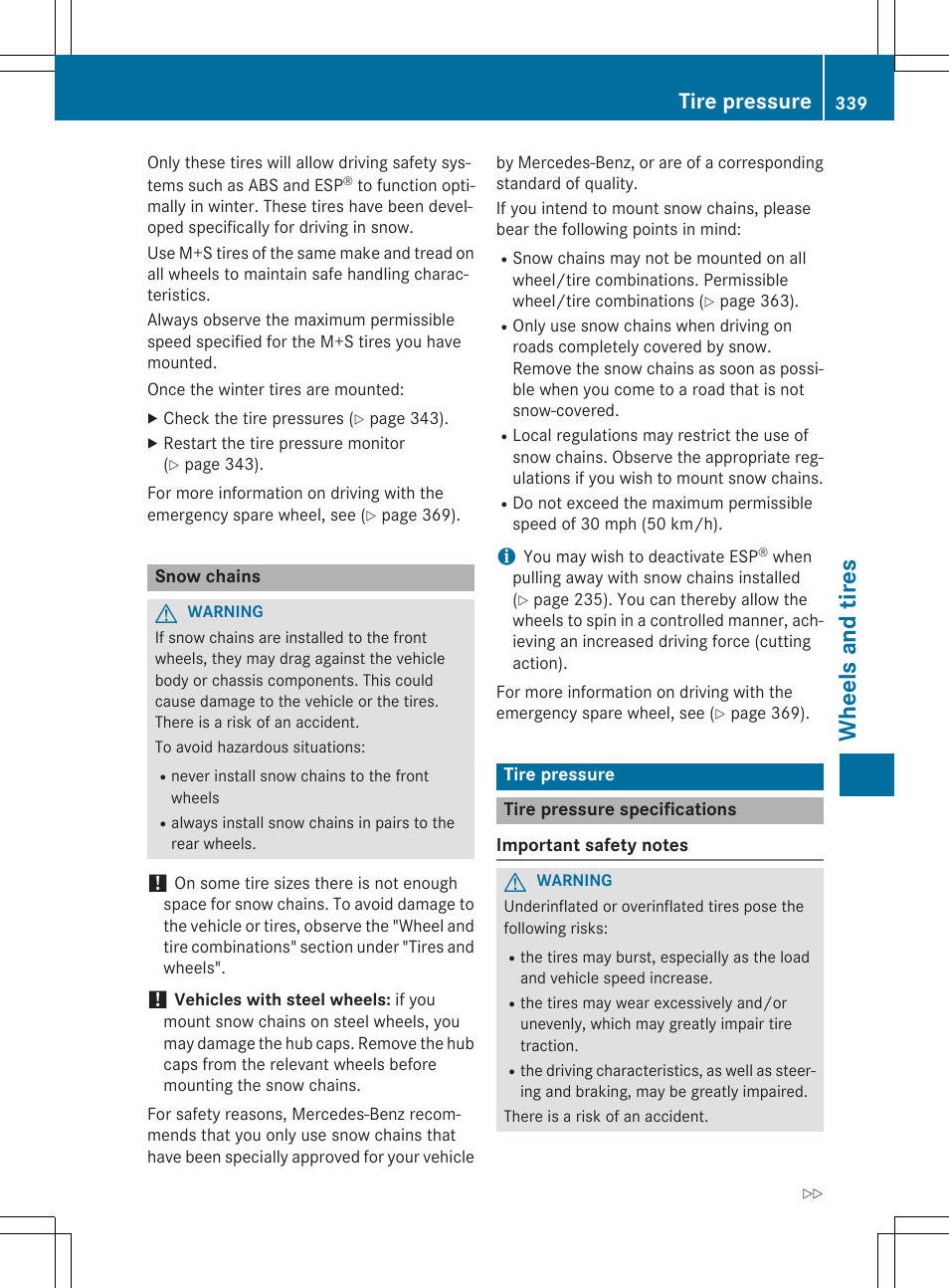 Wheels and tires, Tire pressure | Mercedes-Benz E-Cabriolet 2015 User Manual | Page 341 / 386