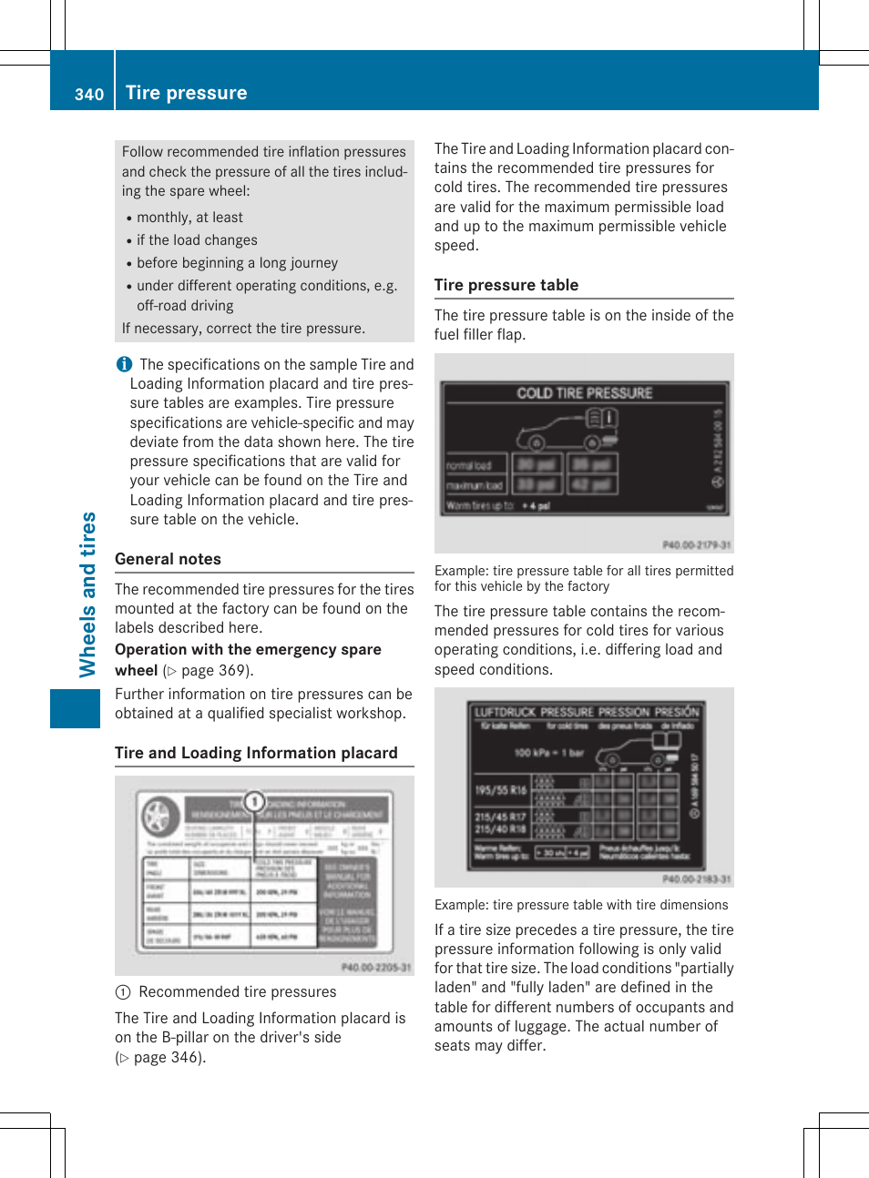 Whee ls and tires, Tire pressure | Mercedes-Benz E-Cabriolet 2015 User Manual | Page 342 / 386