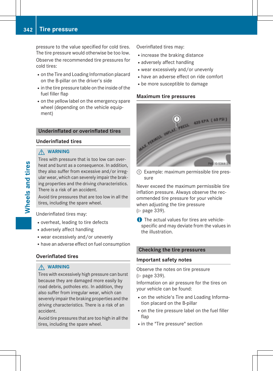 Wheels and tires, Tire pressure | Mercedes-Benz E-Cabriolet 2015 User Manual | Page 344 / 386