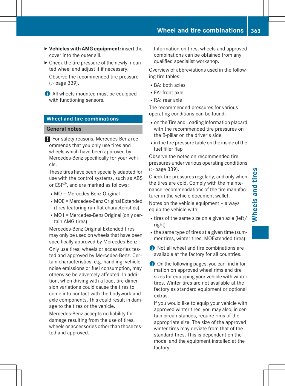 Whe el s and tire s, Wheel and tire combinations | Mercedes-Benz E-Cabriolet 2015 User Manual | Page 365 / 386