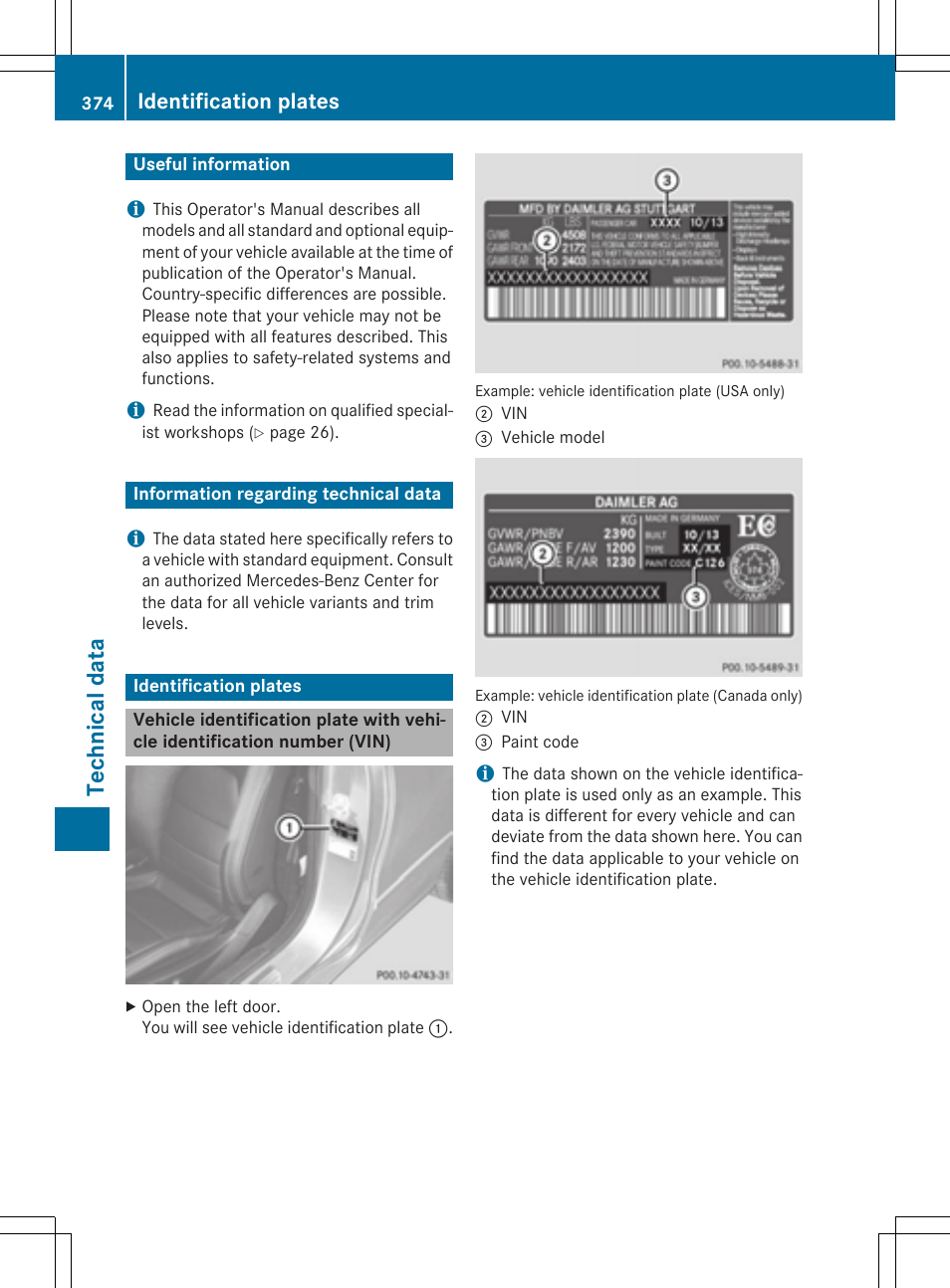 Technical data, Identification plates | Mercedes-Benz E-Cabriolet 2015 User Manual | Page 376 / 386