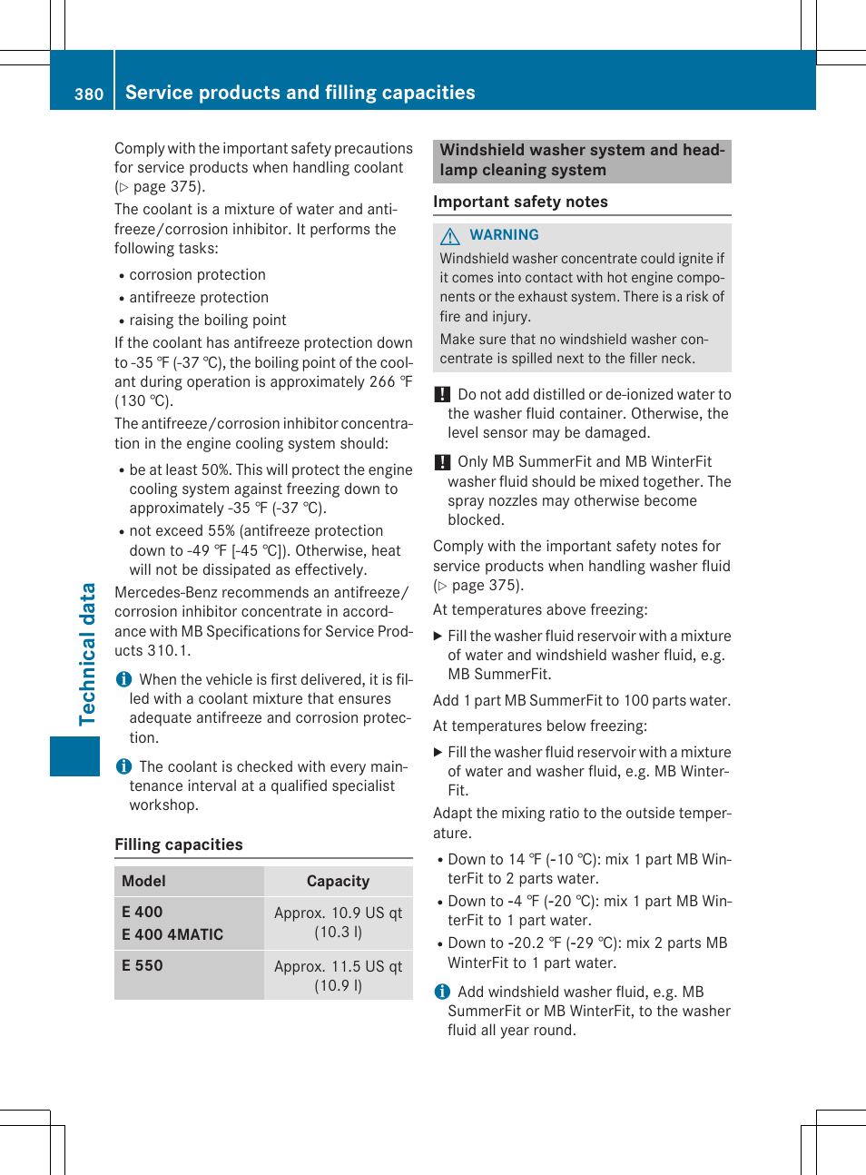 Technic al data, Service products and filling capacities | Mercedes-Benz E-Cabriolet 2015 User Manual | Page 382 / 386