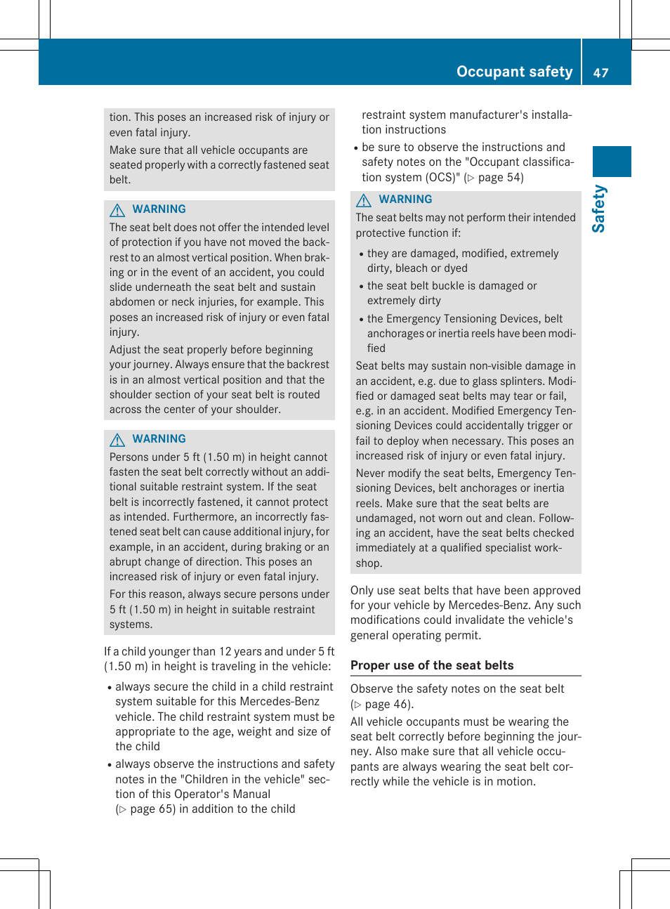 Saf ety, Occupant safety | Mercedes-Benz E-Cabriolet 2015 User Manual | Page 49 / 386