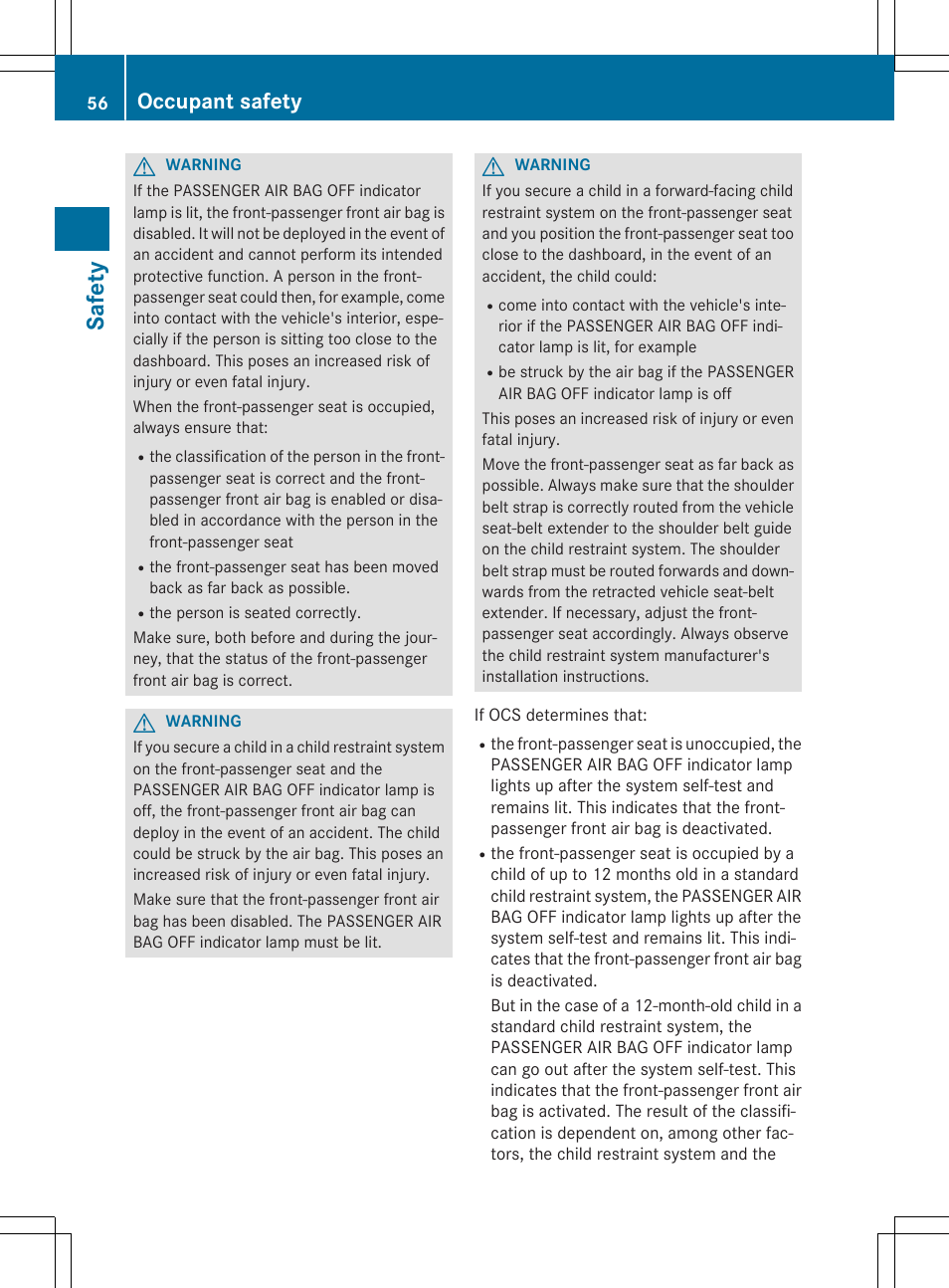 Safety, Occupant safety | Mercedes-Benz E-Cabriolet 2015 User Manual | Page 58 / 386