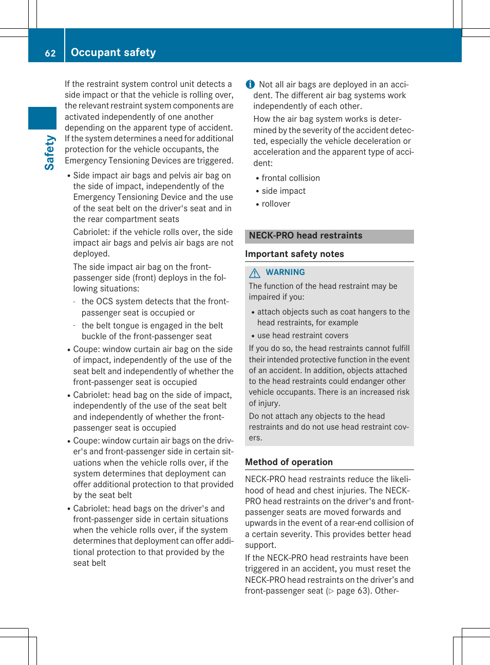 Safety, Occupant safety | Mercedes-Benz E-Cabriolet 2015 User Manual | Page 64 / 386