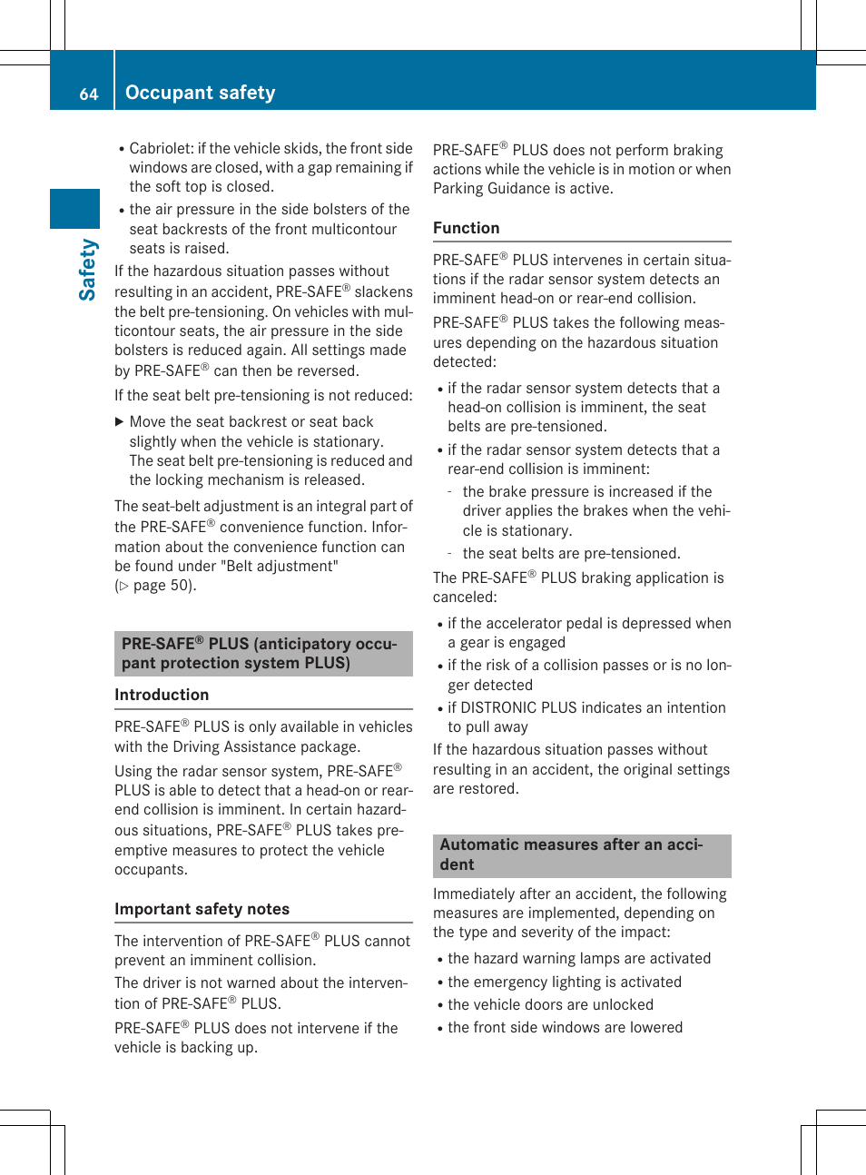 Sa fet y, Occupant safety | Mercedes-Benz E-Cabriolet 2015 User Manual | Page 66 / 386