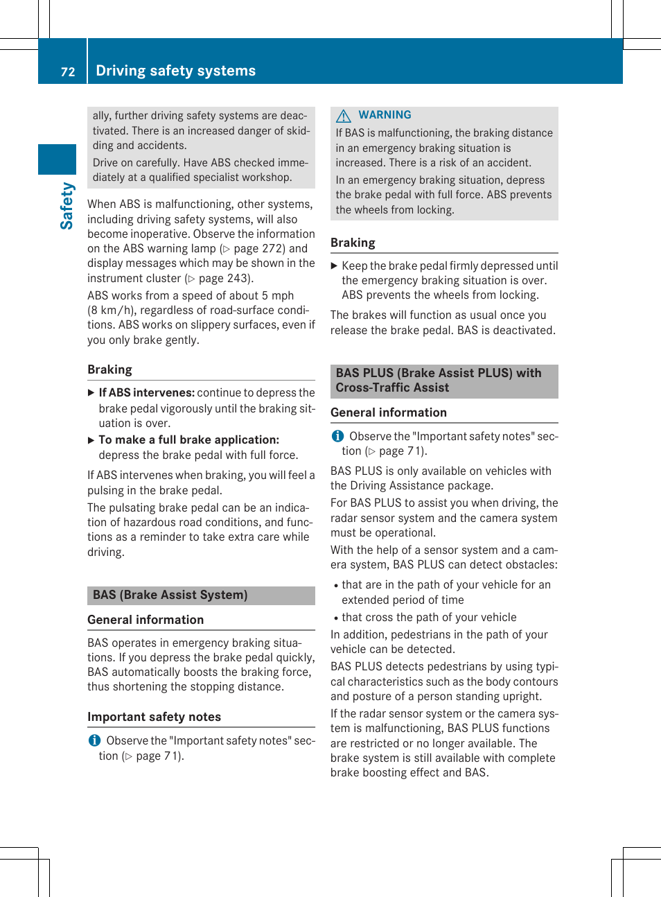 Saf ety, Driving safety systems | Mercedes-Benz E-Cabriolet 2015 User Manual | Page 74 / 386