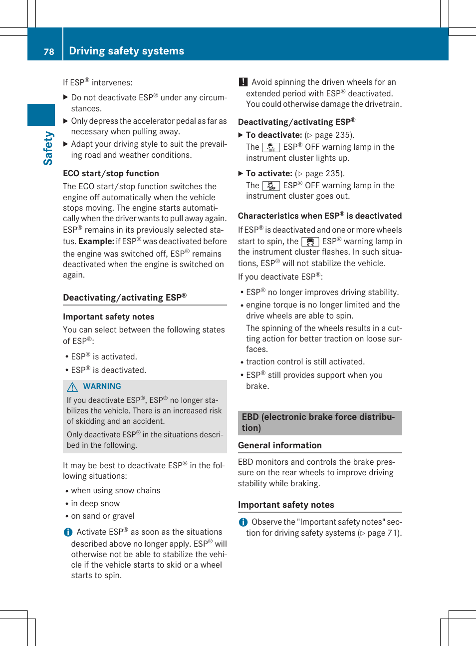 Safety, Driving safety systems | Mercedes-Benz E-Cabriolet 2015 User Manual | Page 80 / 386