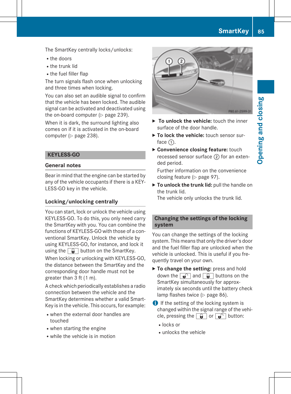 Opening and closing, Smartkey | Mercedes-Benz E-Cabriolet 2015 User Manual | Page 87 / 386