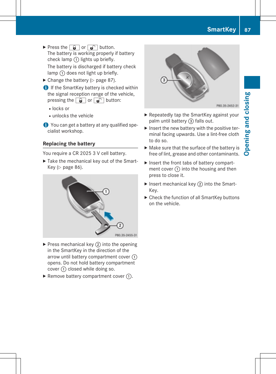 Opening and closing, Smartkey | Mercedes-Benz E-Cabriolet 2015 User Manual | Page 89 / 386