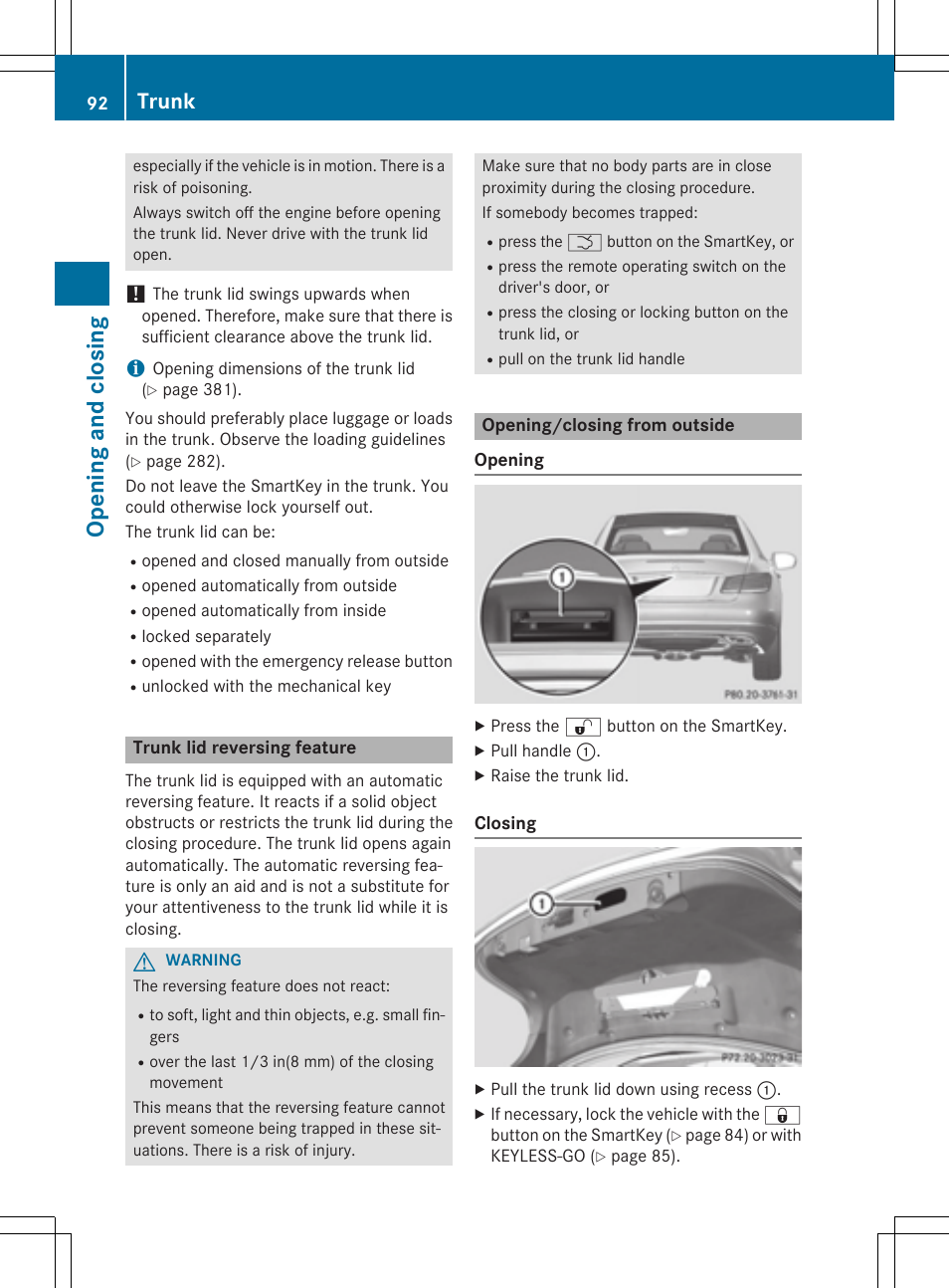 Opening and closi ng, Trunk | Mercedes-Benz E-Cabriolet 2015 User Manual | Page 94 / 386